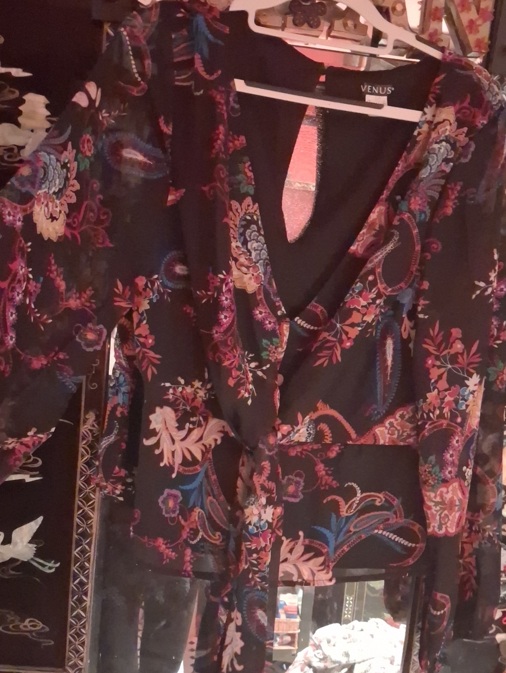 VENUS Black Sheer Paisley Floral Tie-Front Top